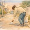 夕方の歩道で、通りすがりの人が足元のゴミをそっと拾う手書き風イラスト