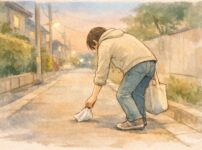 夕方の歩道で、通りすがりの人が足元のゴミをそっと拾う手書き風イラスト