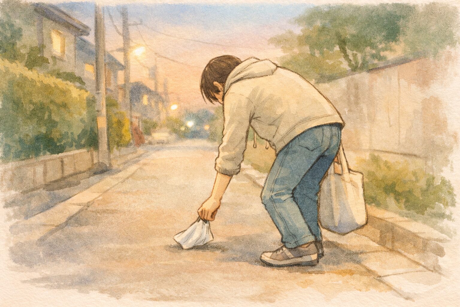 夕方の歩道で、通りすがりの人が足元のゴミをそっと拾う手書き風イラスト