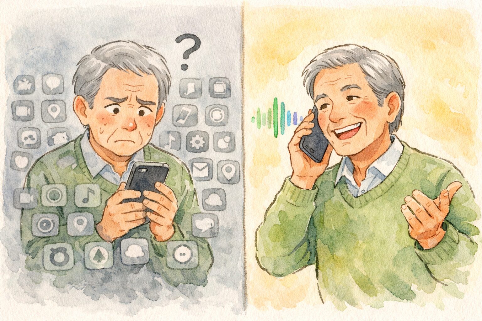 アイコンを探す操作から音声操作への変化を表現した対比イラスト。左側は複雑な画面、右側はシンプルに話しかけるだけの様子