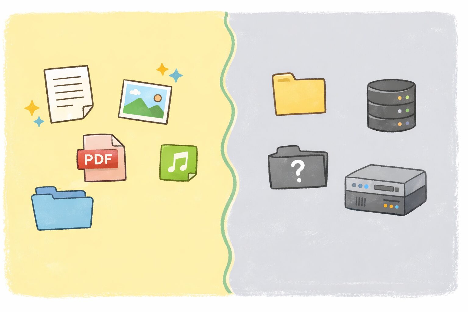 左に「触っても安心そうなファイルのエリア」、右に「よく分からないので触らなくてよいエリア」が色分けされている手書き風の図解。