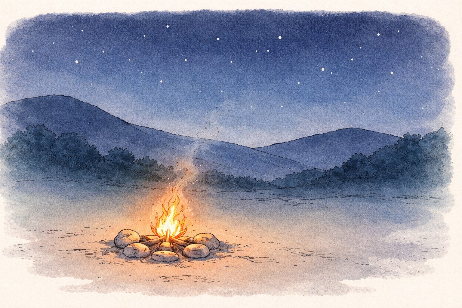人影のない静かな夜景の中で、小さな焚火だけが柔らかく燃えている様子を描いたミニマルな手書き風イラスト。