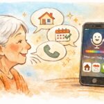 iPhoneに向かって話しかけるシニアの人物を描いた手書き風イラスト。音声で家への道案内、予定確認、電話発信ができることを表現