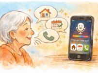 iPhoneに向かって話しかけるシニアの人物を描いた手書き風イラスト。音声で家への道案内、予定確認、電話発信ができることを表現