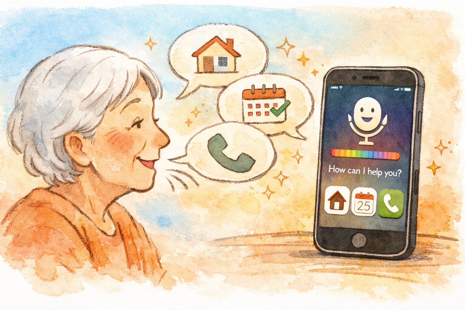 iPhoneに向かって話しかけるシニアの人物を描いた手書き風イラスト。音声で家への道案内、予定確認、電話発信ができることを表現
