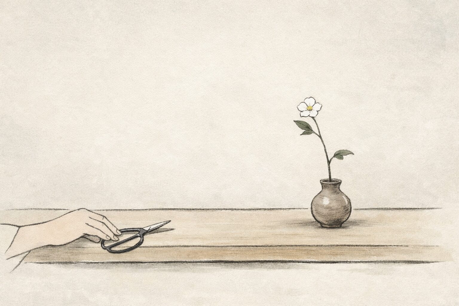 余白の多い空間の中で、小さな花器に一輪の花が生けられている様子を描いた手書き風イラスト。床の間のような静かな場に、そっと整えられた枝と花だけが置かれ、茶道や華道のように「ひとつに向き合う」所作が感じられる。
