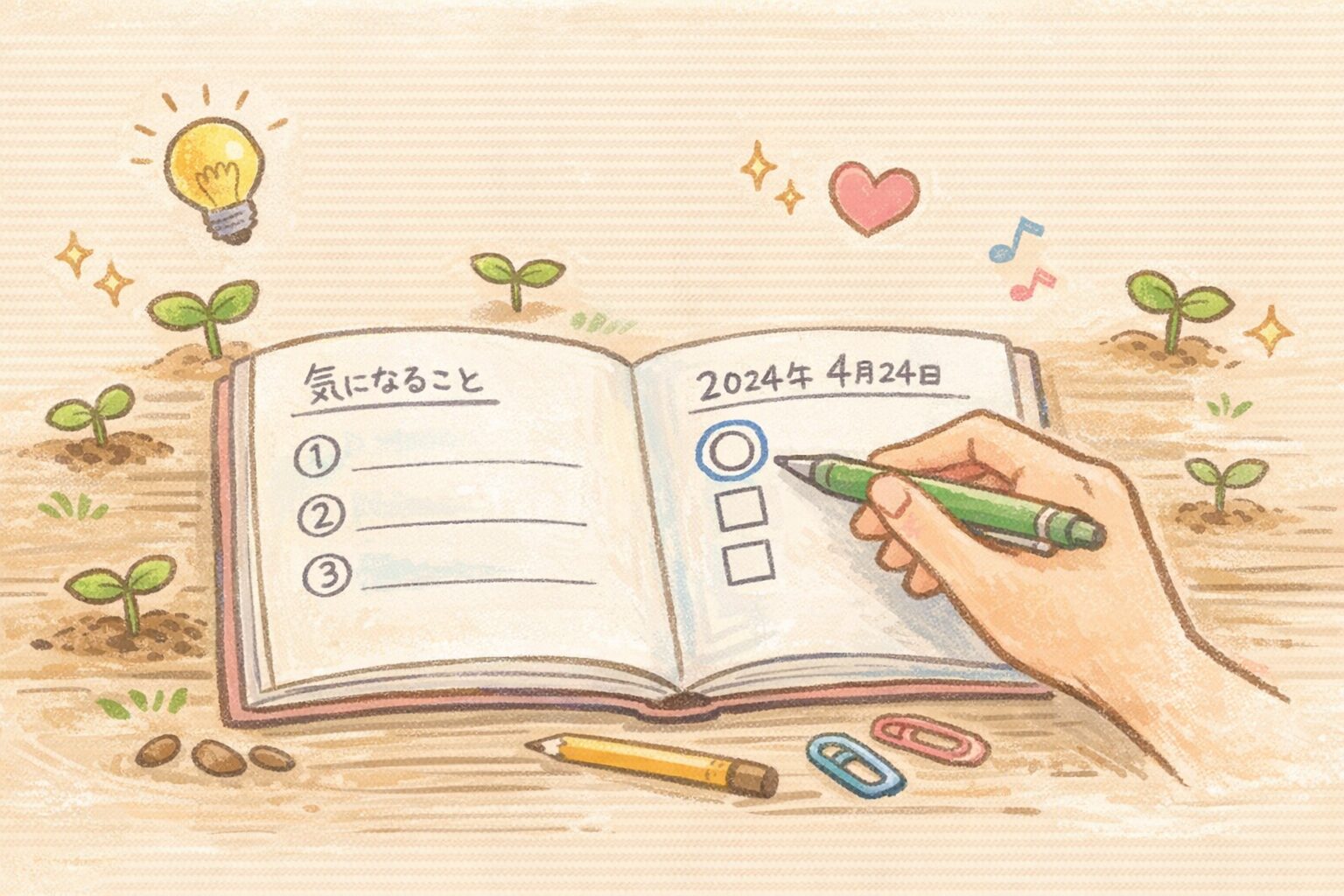 ノートに「気になること①②③」と手書きで書かれ、今日の日付の横にペンで○印をつけている手元と、その周りに小さな芽や電球のアイコンが浮かび、ワークを通して興味のタネが育っていく様子を表現した手書き風イラストの挿絵。