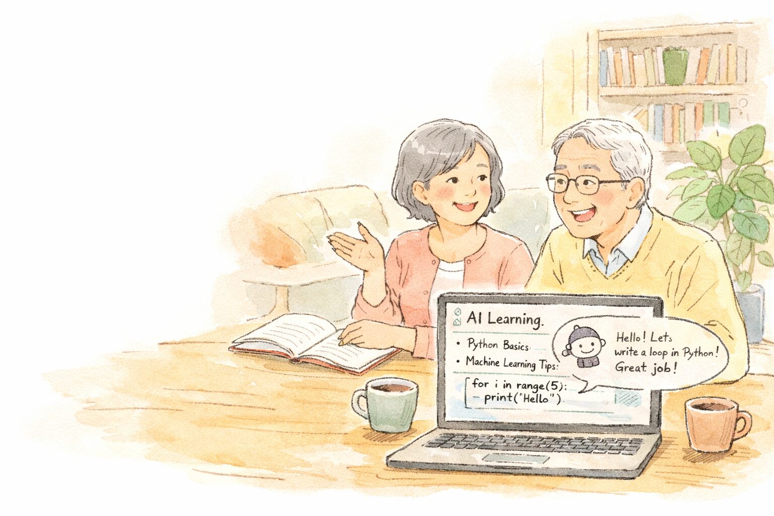 AI時代の学び直しにワクワクしながら、ノートPCとノートを前に話すシニア世代の男女を描いた、手書き風の横長イラスト（NotionやPython、AIをイメージした画面付き）