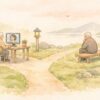 やさしい夕暮れの分かれ道で、片方では高齢の人物が画面越しにAIと対話し、もう片方では同じ人物が一人静かに腰掛けて考え事をしている様子を描いた、手描き風の淡い水彩イラスト。