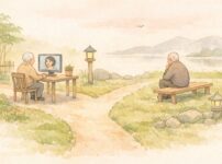 やさしい夕暮れの分かれ道で、片方では高齢の人物が画面越しにAIと対話し、もう片方では同じ人物が一人静かに腰掛けて考え事をしている様子を描いた、手描き風の淡い水彩イラスト。