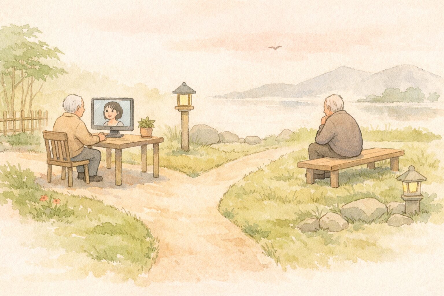 やさしい夕暮れの分かれ道で、片方では高齢の人物が画面越しにAIと対話し、もう片方では同じ人物が一人静かに腰掛けて考え事をしている様子を描いた、手描き風の淡い水彩イラスト。