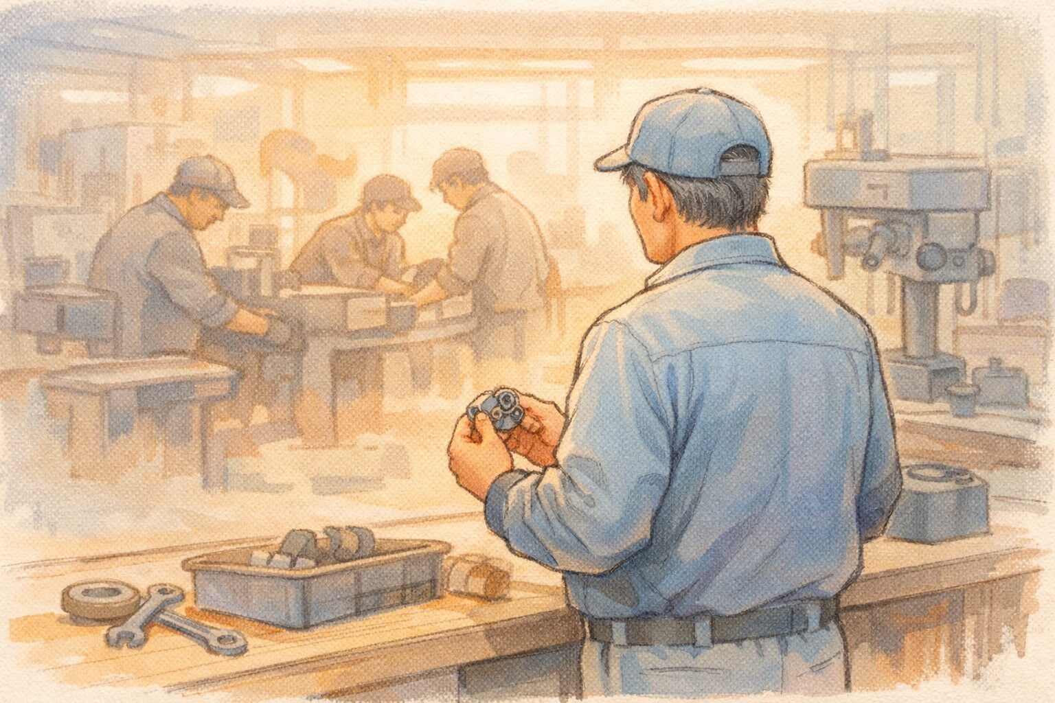 清潔な工場の作業台のそばで、小さな部品を手にした作業服姿のベテラン作業者が静かに立っている。肩の力が少し抜けた後ろ姿で、背景には仲間や機械が働く過去の現場が柔らかく重なるように描かれ、静かな誇りと懐かしさが伝わる手書き風イラスト。