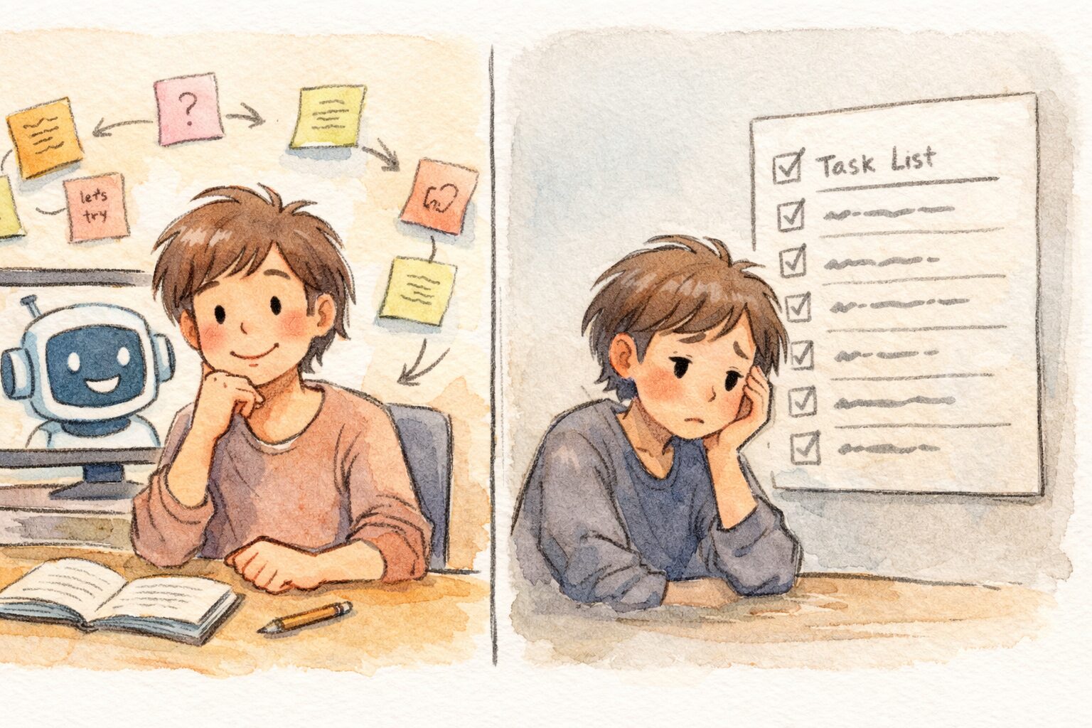 左右2コマ構成のイラスト。左側では、AIが表示された画面を横に置きながら、メモや矢印に囲まれて「とりあえずやってみよう」と気楽に手を動かしている人物。右側では、同じ人物が一人でタスクリストを前に固まり、「自分には無理かも」と感じている様子。出来る・出来ないの感覚の違いを、やわらかな手書き風で対比している