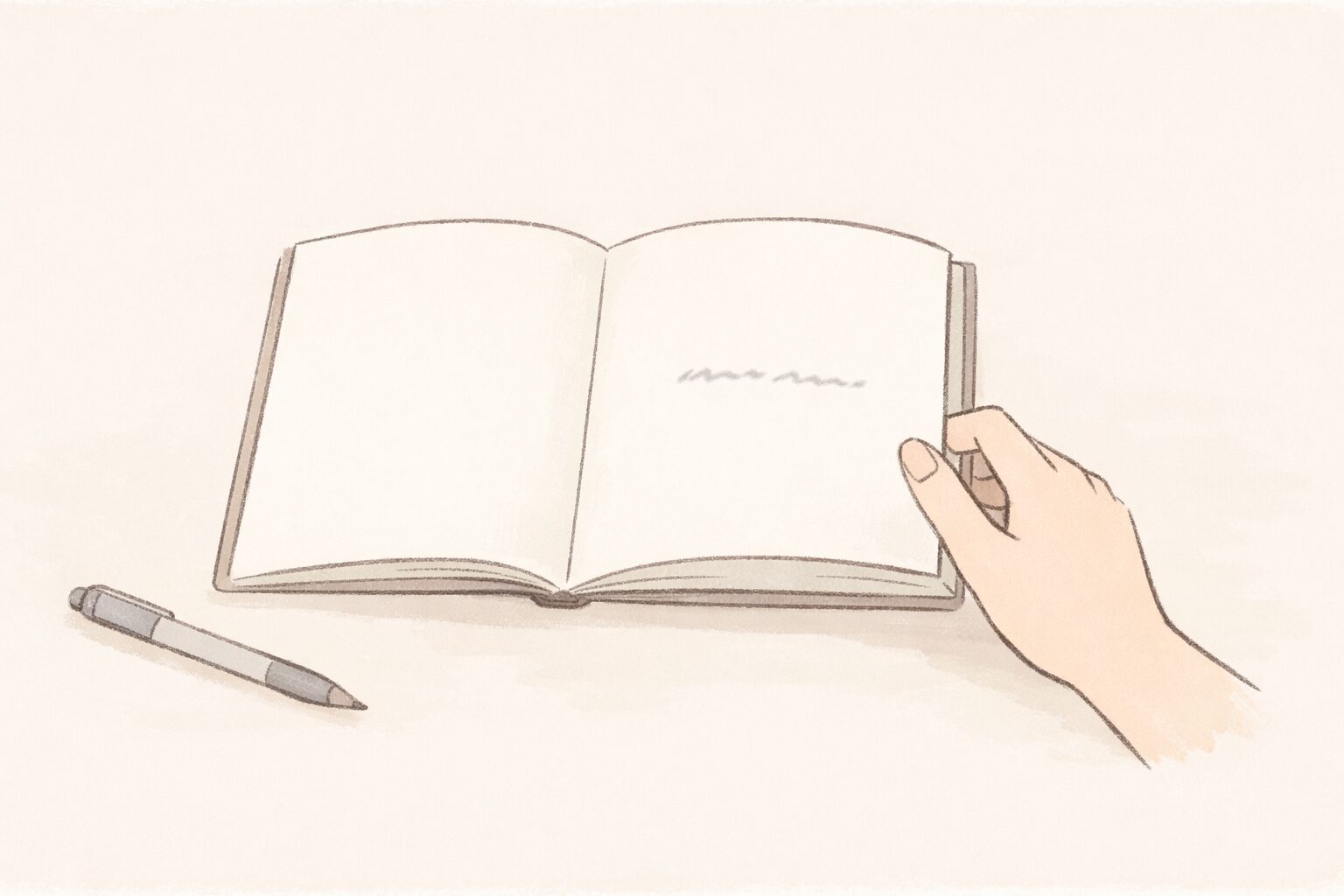 開いたノートに短い一文だけが書かれ、そのノートをそっと閉じようとする手が添えられている様子を描いた手書き風イラスト。周囲にはペンが一本あるだけで、余白の多い静かな構図が、「一文だけ書いて終える」満足感と穏やかな余韻を表している。