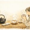 鉄瓶で沸かしたお湯と紅茶のカップが木のテーブルに置かれている、手書き風のイラスト