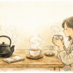 鉄瓶で沸かしたお湯と紅茶のカップが木のテーブルに置かれている、手書き風のイラスト