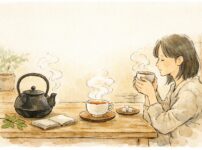 鉄瓶で沸かしたお湯と紅茶のカップが木のテーブルに置かれている、手書き風のイラスト