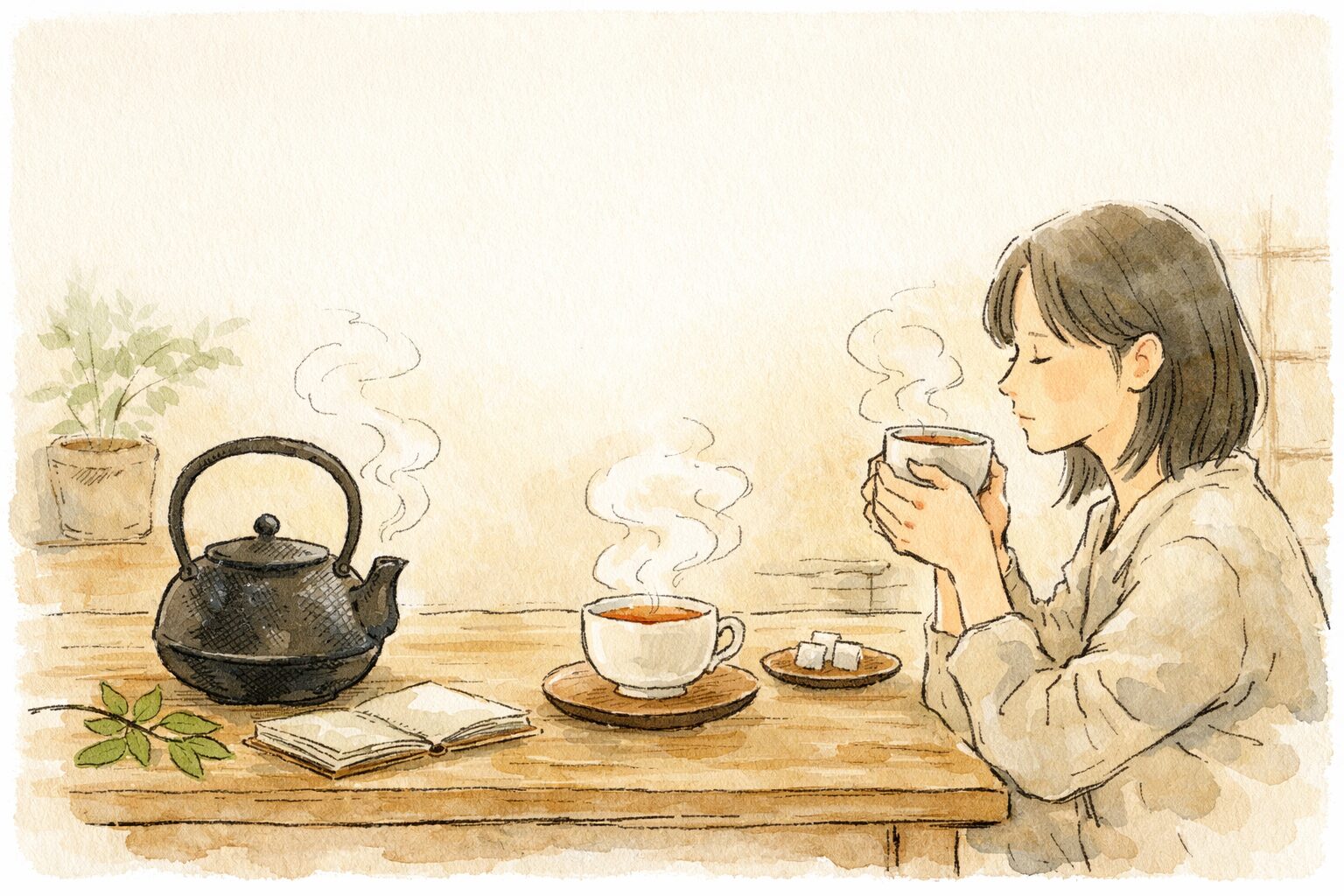 鉄瓶で沸かしたお湯と紅茶のカップが木のテーブルに置かれている、手書き風のイラスト