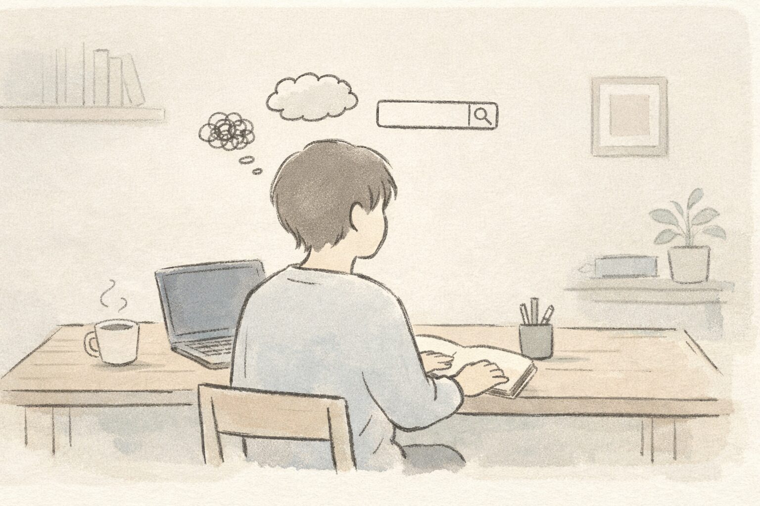 ノートかパソコンを前に手が止まっている人が、机に向かって座っている様子を描いた手書き風イラスト。頭の上に小さなもやもやが浮かび、「文章が書けない」感覚と、考えが上滑りするような状態が静かに表現されている。
