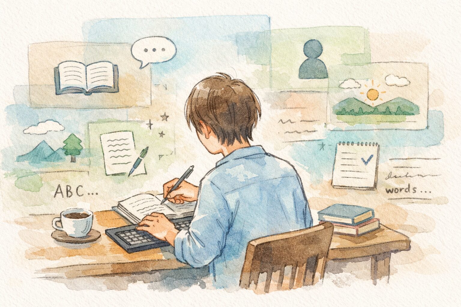 机で文章を書いている人物の背後に、半透明のレイヤーが何重にも広がり、その中に本や人の影、風景やメモの断片が浮かんでいる手書き風イラスト。人の記憶が思考の背景環境として静かに影響している様子を表現している。