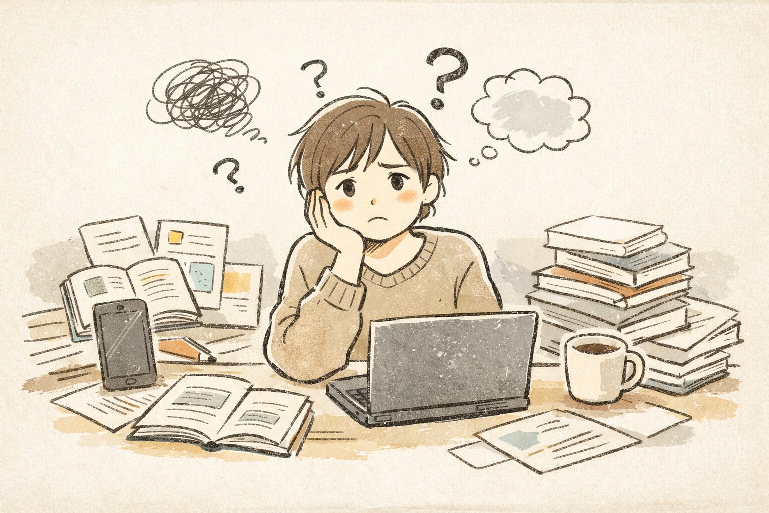 スマホやパソコン、本に囲まれた人物が机の前で困った表情を浮かべ、頭の上に手書き風の「?」マークやモヤモヤした吹き出しが浮かんでいるイラスト。情報は多いのに納得できない状態を表現している。