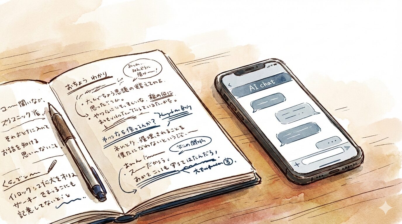机の上の開いたノートとペン、その隣にAIとの対話画面を表示したスマートフォンが並んでいる手書き風イラスト。人の手で書いた記憶とAIからの情報が、同じ作業空間で穏やかに共存している様子を表現している。