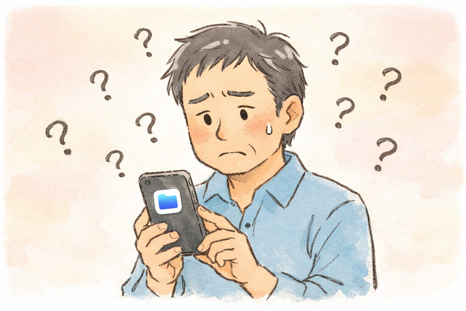iPhoneの「ファイル」アプリを前に、どこに保存したか分からず少し困った表情をしている人の手書き風イラスト。