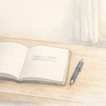 開いたノートに一文だけが書かれた机とペンを描いた手書き風イラスト。余白の多い構図と落ち着いた色合いで、静かに思考を鍛える時間を表している。