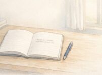 開いたノートに一文だけが書かれた机とペンを描いた手書き風イラスト。余白の多い構図と落ち着いた色合いで、静かに思考を鍛える時間を表している。