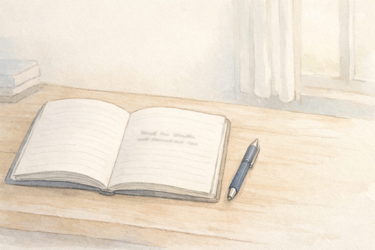 開いたノートに一文だけが書かれた机とペンを描いた手書き風イラスト。余白の多い構図と落ち着いた色合いで、静かに思考を鍛える時間を表している。