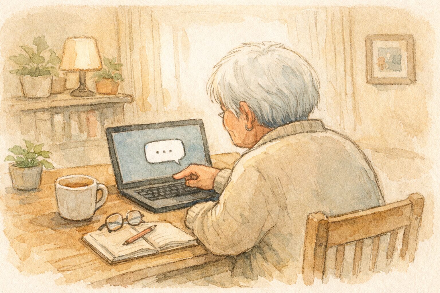 「今日できる、ほんの小さな一歩」を表現したイラスト。シニアの人物が、机の上のスマホ（またはノートPC）に、短い最初のひと言だけをAIに送ろうとしている場面。画面には小さなチャット吹き出しがひとつだけ浮かび、静かだが前向きな一歩の雰囲気が伝わる手書き風タッチ。