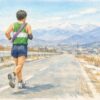 冬の澄んだ空の下、長く続く道路をタスキをかけたランナーが静かに走り続けている様子を描いた手書き風イラスト