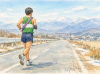 冬の澄んだ空の下、長く続く道路をタスキをかけたランナーが静かに走り続けている様子を描いた手書き風イラスト