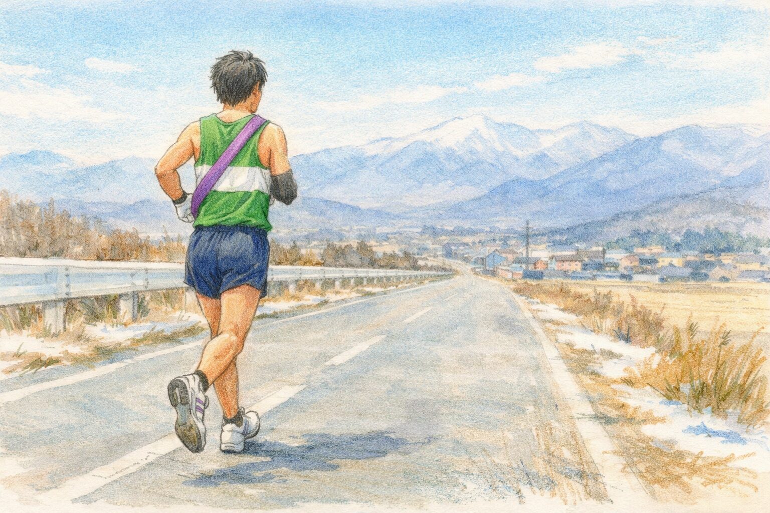 冬の澄んだ空の下、長く続く道路をタスキをかけたランナーが静かに走り続けている様子を描いた手書き風イラスト