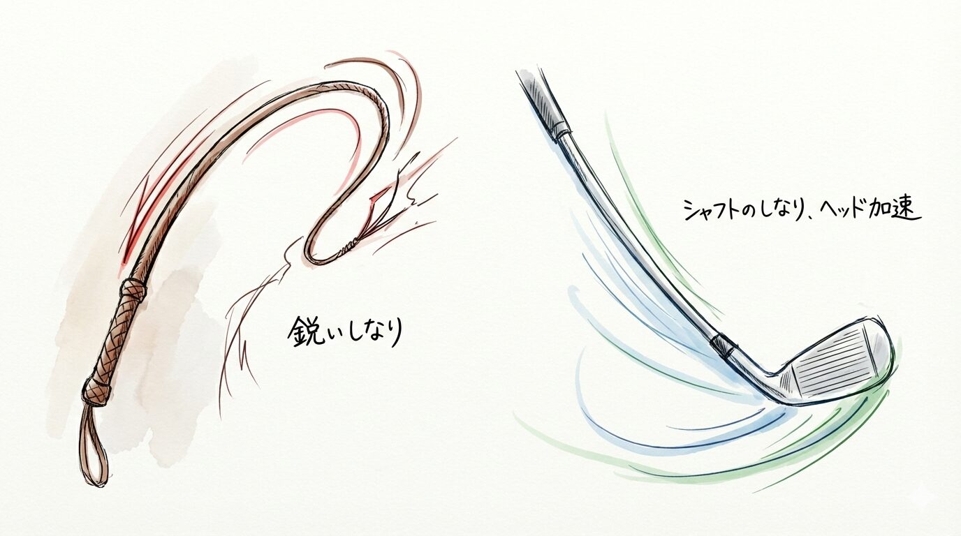 鞭とゴルフクラブのしなりを並べて描き、先端のスピードを強調した手書き風イラスト