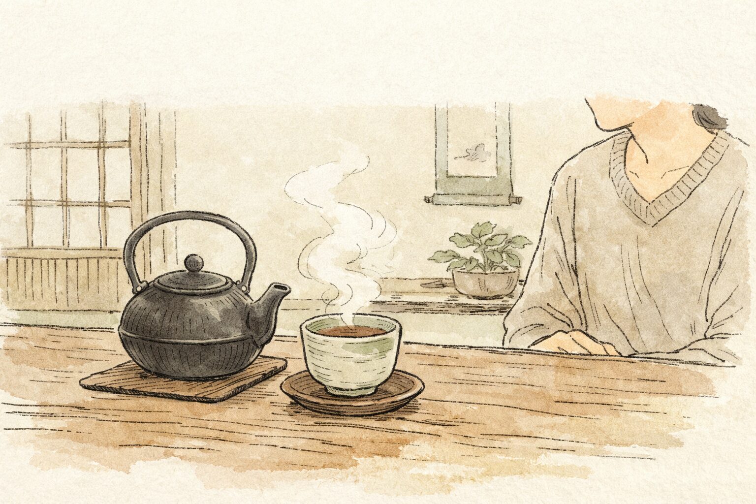 木のテーブルの上に、鉄瓶と湯気の立つ紅茶のカップが描かれた手書き風イラスト