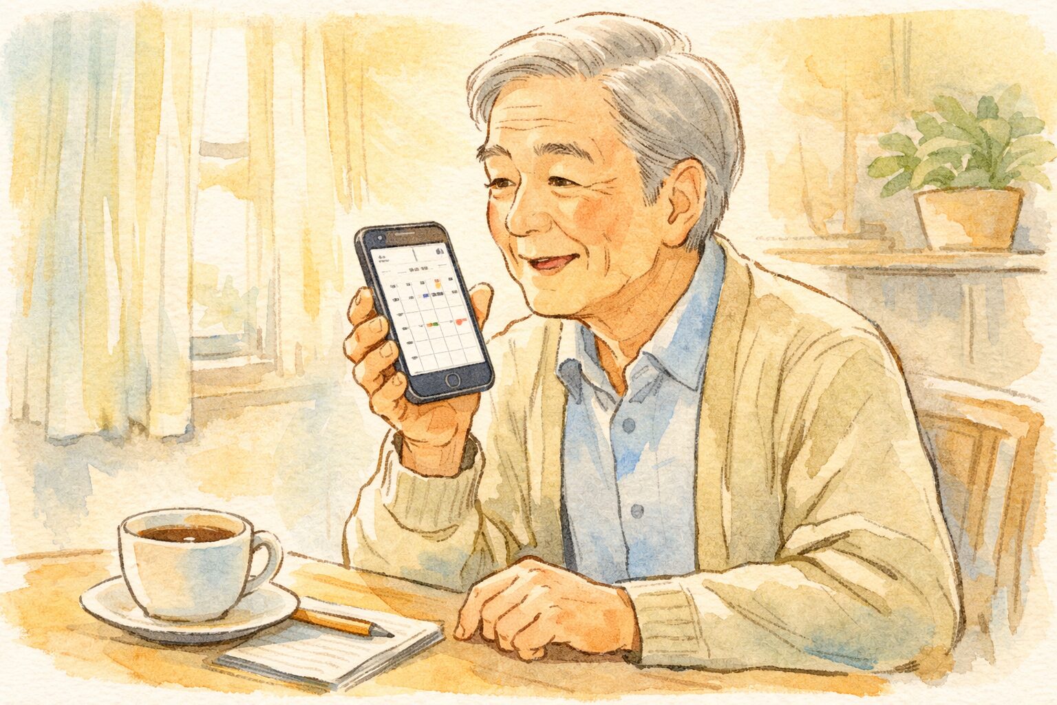 朝、iPhoneに「今日の予定」と話しかけてカレンダーを確認するシニアの手書き風イラスト