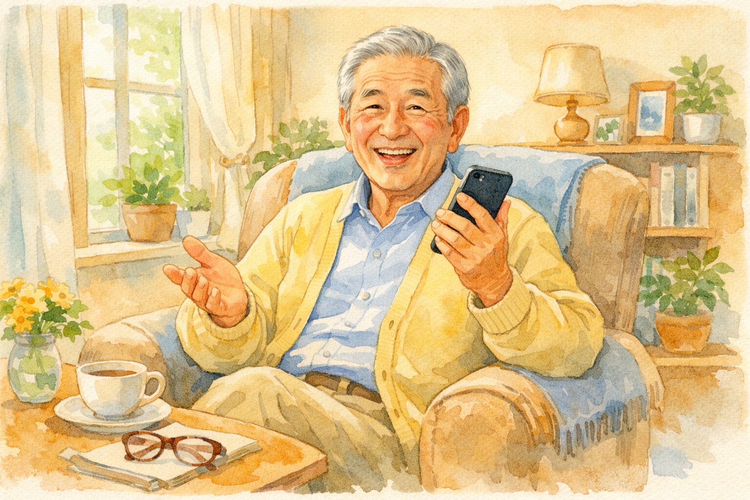 リラックスした笑顔でスマートフォンに話しかける高齢者の手描き水彩イラスト。明るく穏やかな雰囲気が、技術との自然で快適な関係性を表現している。