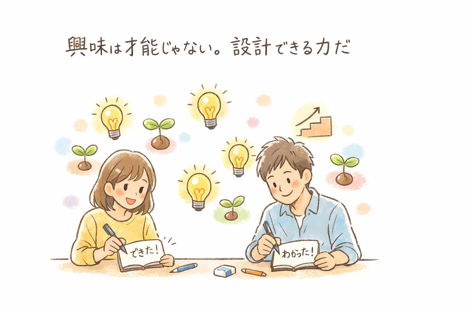 大人がノートに「できた！」「わかった！」と手書きで書き込み、その周りに電球や小さな芽のイラストが浮かんでいる、興味が少しずつ育っていく様子を表現した手書き風イラストのアイキャッチ画像。タイトル「興味は才能じゃない。設計できる力だ」が画面上部に表示されている。
