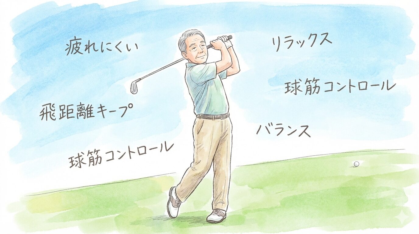 リラックスした理想のフィニッシュを決めるシニアゴルファーと、遠くフェアウェイに止まったボールを描いた手書き風イラスト