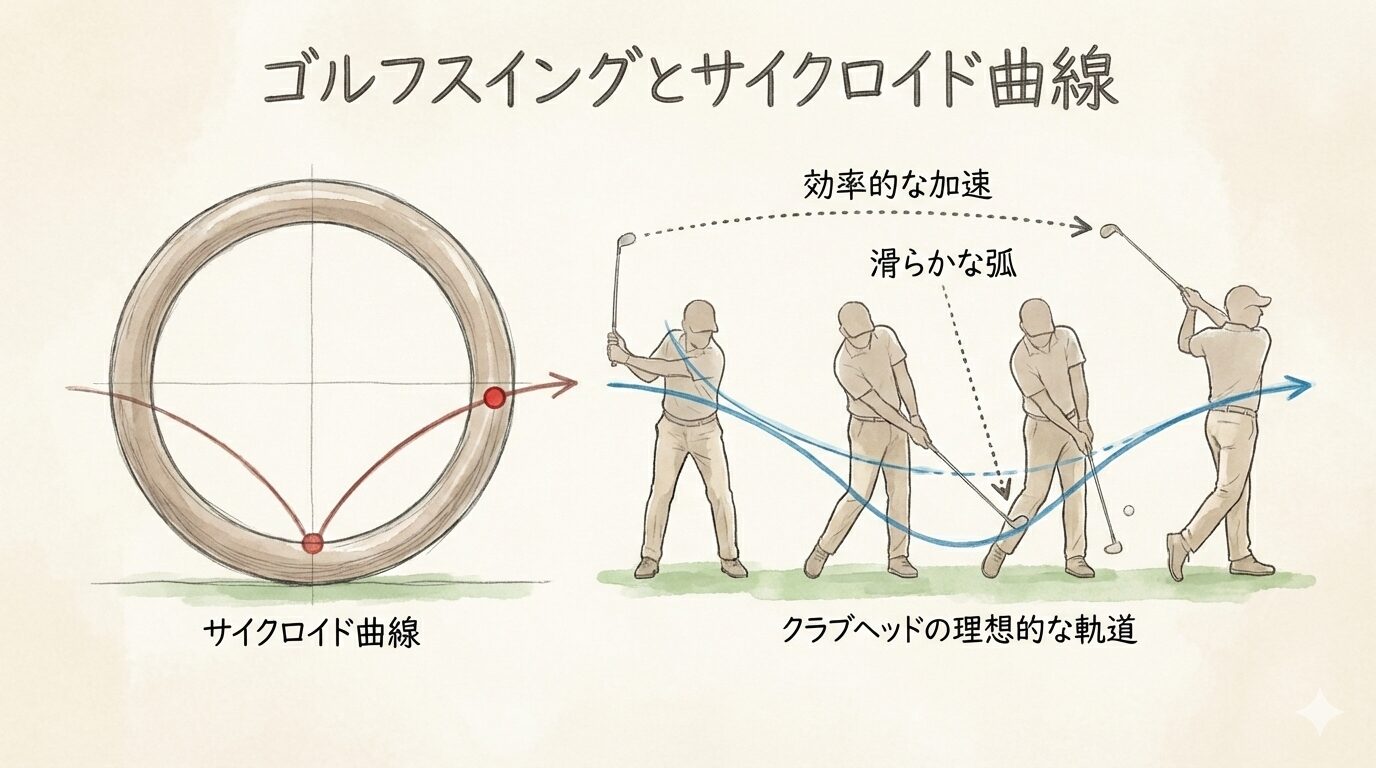 車輪のサイクロイド曲線とゴルフクラブヘッドの軌道を並べて示した、サイクロイドのイメージ図の手書き風イラスト