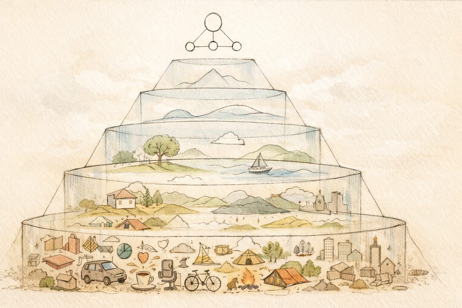 具体的な体験が下層に集まり、上に行くほどシンプルな線と形に統合されていく層構造の図で、「抽象度が高いほど本質に近づく」というイメージを示した手書き風イラスト