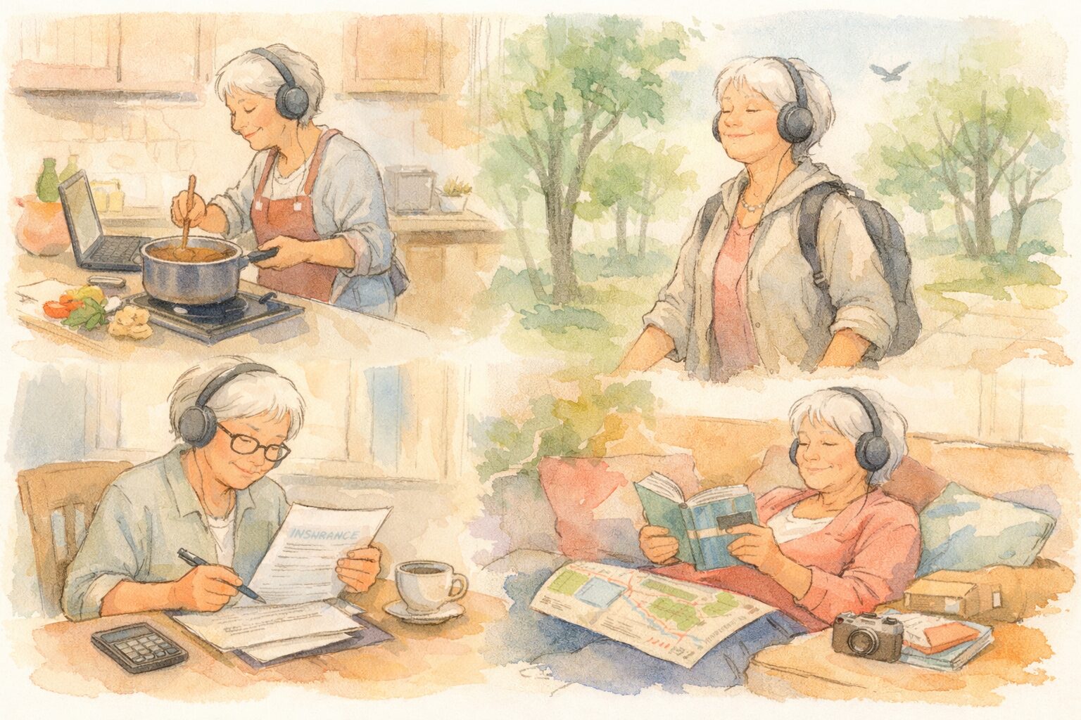 ひとりの人物が、日常のさまざまな場面でNotebookLMの音声を聞いている様子をコラージュ風にまとめたイラスト。料理をしながら、散歩しながら、保険の書類を前にしながら、ソファで旅行計画を立てながら——同じ人物がイヤホンで音声解説を聞いている。NotebookLMの活用シーンの広がりを手書き風で表現している。