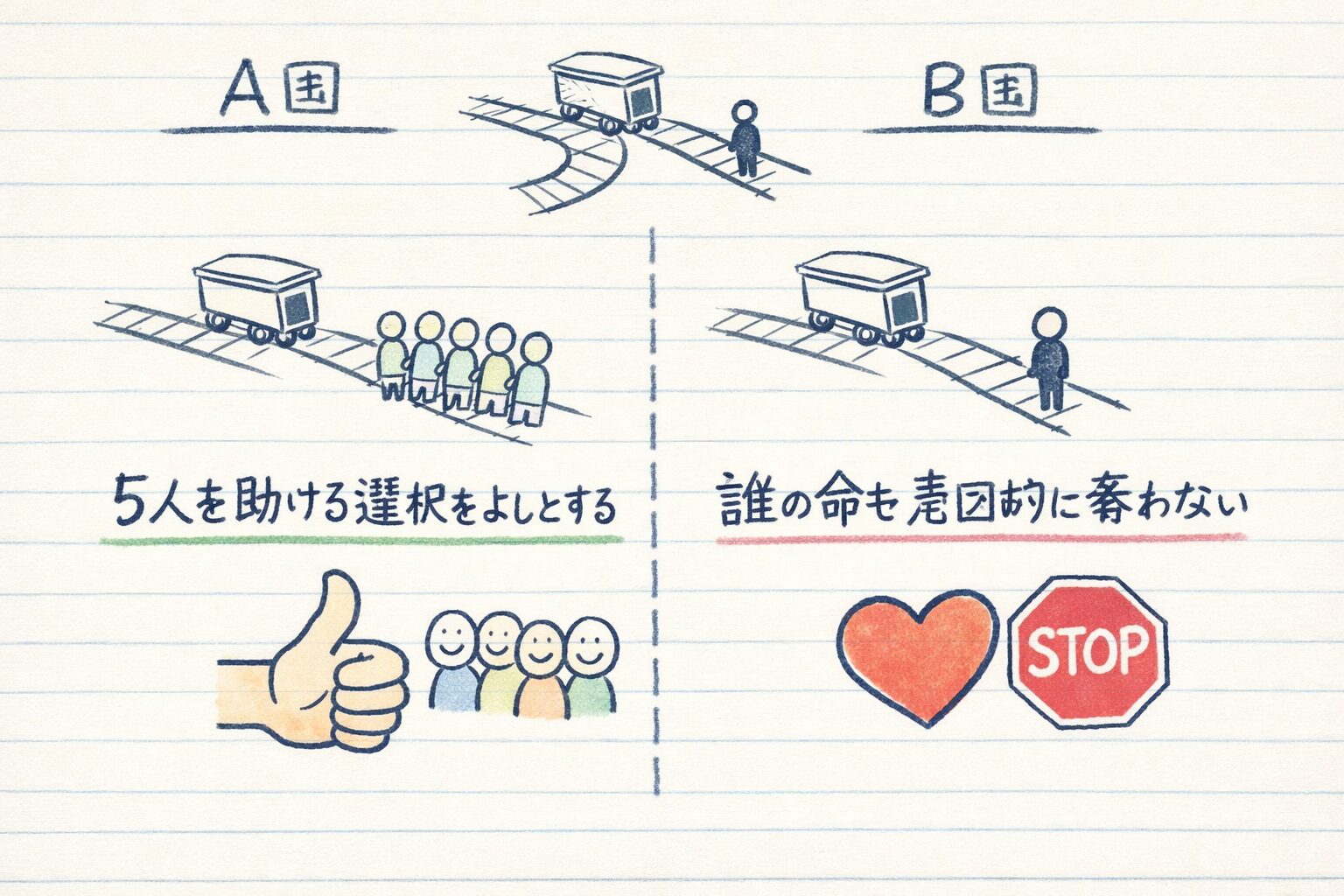 同じトロッコ問題に対して、A国は「5人を助ける選択」を良しとし、B国は「誰の命も意図的に奪わないこと」を重視するという、国や文化による倫理観の違いを示した手書き風の図解。