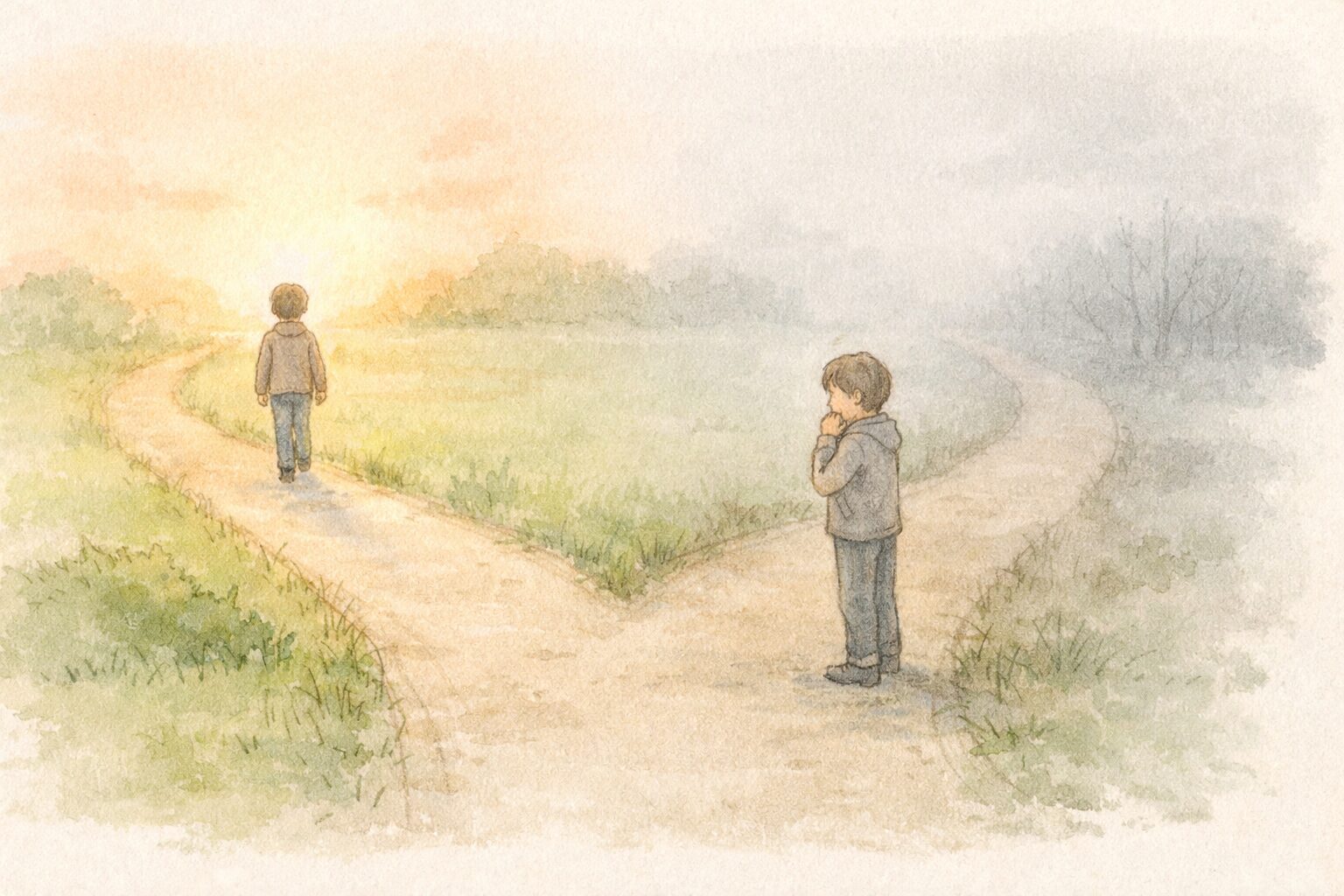 一年後の静かな分岐点をイメージしたイラスト。一本の道が穏やかに二手に分かれ、片方には明るい光に向かって歩き出す人、もう片方には立ち止まって迷っている同じ人物が描かれている。やわらかな手書き風のタッチ。