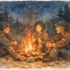 静かな森の夜、焚火を囲んで少人数が語り合う様子を手書き風の水彩タッチで描いたイラスト。