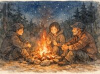 静かな森の夜、焚火を囲んで少人数が語り合う様子を手書き風の水彩タッチで描いたイラスト。