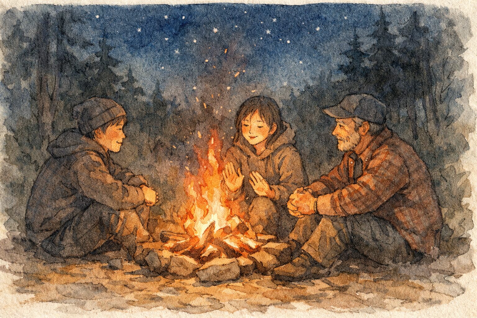 静かな森の夜、焚火を囲んで少人数が語り合う様子を手書き風の水彩タッチで描いたイラスト。