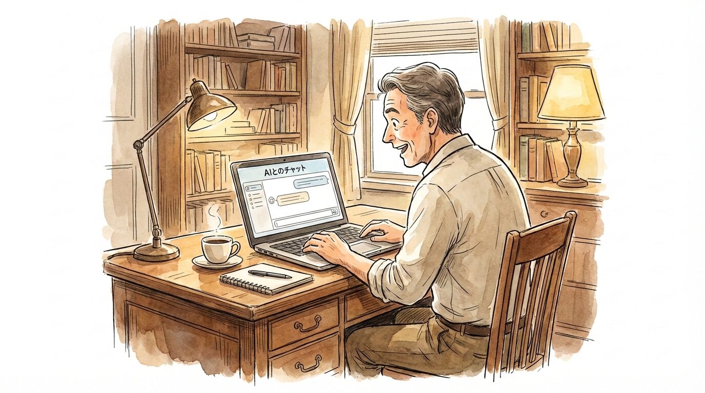 AIとのチャット画面を開いたノートPCとノート、コーヒーが置かれた机を前に、少し驚きとワクワクした表情で画面を見つめる中年男性を描いた、手書き風イラスト。