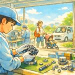 作業服姿の作業者が機械部品をていねいにチェックしている。奥には整理された機械やラインが並び、窓の外には街並みと、その工場で作られた製品を使いながら笑顔で暮らす人々の様子が小さく描かれ、製造業の仕事が世の中に貢献していることと前向きな雰囲気が伝わる手書き風イラスト。